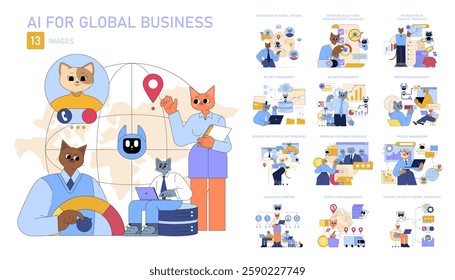 AI for global business strategies. Illustrates the integration of AI in diverse functions like data management, financial optimization, and customer experience enhancement. Captures a modern