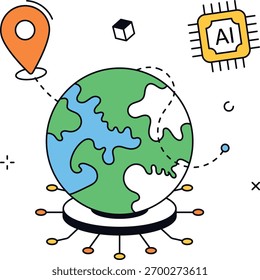 Una red global de IA que muestra conectividad y un procesador de IA con pin de ubicación. Puede ser utilizado para la red global de inteligencia artificial, la tecnología de IA o la integración global de IA. Vector plano isométrico.