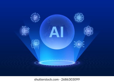 Ai Globalization Technology Backgrounds with Artificial Intelligence Futuristic World. Futuristic Innovation Concepts. Ai Automation and Big data Cyber Secure, Biotech and Engineering Tools icons
