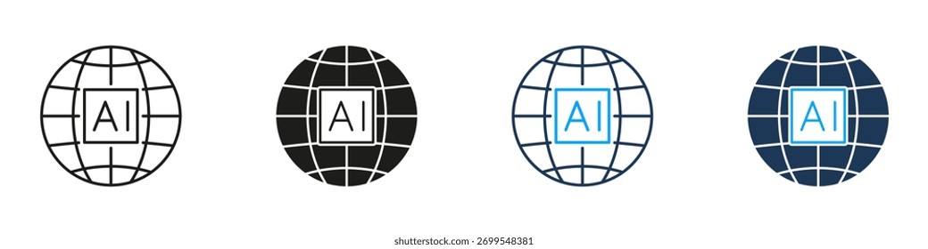 AI Globe Global Technology Line e Solid Icon Set. Coleção de Símbolos de Rede Mundial de Inteligência Artificial. Ilustração de vetor isolada.