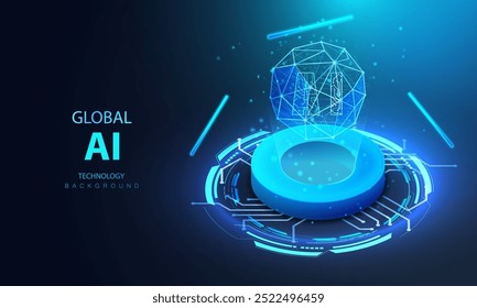 Tecnología de globo aerostático. Fondo isométrico de red de datos de inteligencia artificial. Esfera conexión global. Big data center. Estación de energía futurista en círculo de circuito.