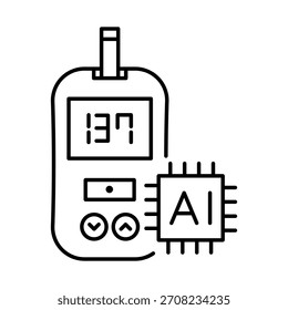 AI Glucosídeo Icon - Monitoramento inteligente de glicose no sangue com Glucosímetro e chip de IA para gerenciamento preciso de diabetes e monitoramento da saúde. Ícone de vetor