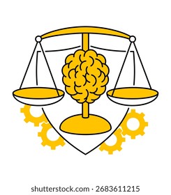 Concepto de gobernanza de la IA: sistema diseñado para garantizar que los sistemas de IA se desarrollen y utilicen de manera responsable, ética y en consonancia con los requisitos legales. Composición con cerebro, escamas y escudo.