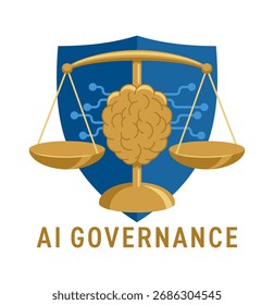Concepto de gobernanza de la IA: sistema diseñado para garantizar que los sistemas de IA se desarrollen y utilicen de manera responsable, ética y en consonancia con los requisitos legales. Composición con cerebro, escamas y escudo.