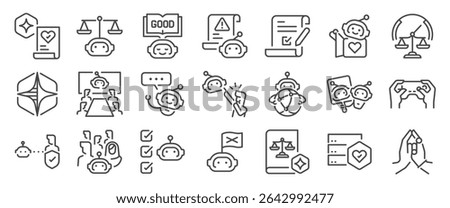 ai governance and ethics icon set. It included moral, law, guide, justice, regulation, and more icons. Editable Vector Stroke.