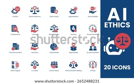 AI Governance and Transparent AI Systems Icon Set – Featuring Data Privacy, Ethical Dilemma, Transparency, Fairness, Accountability. Vector illustration. 