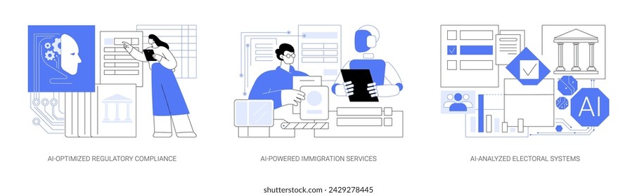 AI in Government Management abstract concept vector illustration set. AI-Optimized Regulatory Compliance, AI-Powered Immigration Services, AI-Analyzed Electoral Systems abstract metaphor.