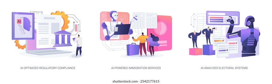 AI in Government Management abstract concept vector illustration set. AI-Optimized Regulatory Compliance, AI-Powered Immigration Services, AI-Analyzed Electoral Systems abstract metaphor.