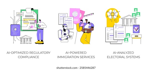 AI in Government Management abstract concept vector illustration set. AI-Optimized Regulatory Compliance, AI-Powered Immigration Services, AI-Analyzed Electoral Systems abstract metaphor.