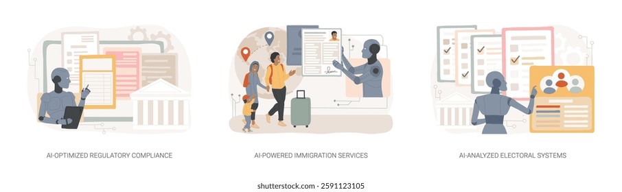 AI in Government Management abstract concept vector illustration set. AI-Optimized Regulatory Compliance, AI-Powered Immigration Services, AI-Analyzed Electoral Systems abstract metaphor.