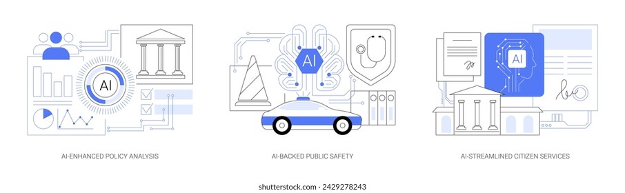 AI en Gobierno y Servicios Públicos abstracto concepto vector conjunto de ilustración. Análisis de políticas mejorado por IA, Seguridad pública respaldada por IA, Servicios al ciudadano optimizados por IA con metáfora abstracta de chatbots.