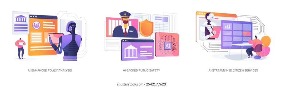 AI in Government and Public Services abstract concept vector illustration set. AI-Enhanced Policy Analysis, AI-Backed Public Safety, AI-Streamlined Citizen Services with chatbots abstract metaphor.