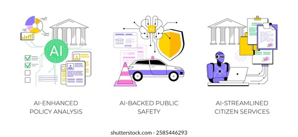 AI in Government and Public Services abstract concept vector illustration set. AI-Enhanced Policy Analysis, AI-Backed Public Safety, AI-Streamlined Citizen Services with chatbots abstract metaphor.