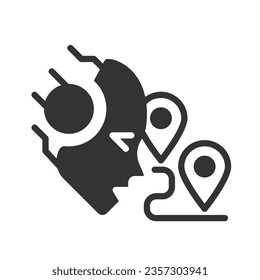 AI guides black linear glyph icon. Trip itinerary machine learning. Smart travel planner. Route optimization. Negative space silhouette symbol. Solid pictogram. Vector isolated illustration