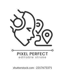 AI guides pixel perfect linear icon. Trip itinerary machine learning. Smart travel planner. Route optimization. Thin line illustration. Contour symbol. Vector outline drawing. Editable stroke