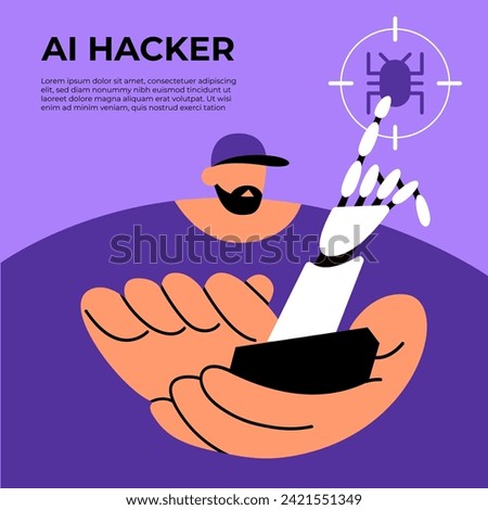 AI Hacker. Cybercriminal in app. Cyber crime, hacker activity, DDoS attack, digital system security, money from fraud, threat of cyber attack. Flat vector illustration.