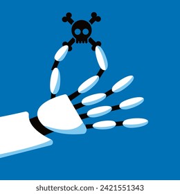 AI Hacker. Robot Cybercriminal with virus sign. Cyber crime, hacker activity, DDoS attack, digital system security, money from fraud, threat of cyber attack. Flat vector illustration.