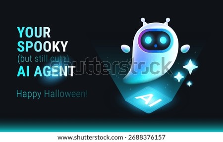 AI Halloween ghost Agent - Artificial Intelligence concept vector illustration - Cute ghost AI agent spooky but friendly design, for technology banners, presentations, email, social media templates