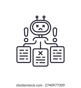 AI hallucination icon with incorrect information, false data and robot, line design