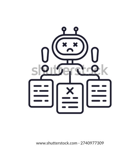 AI hallucination icon with incorrect information, false data and robot, line design
