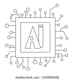 AI hand drawn icon. Artificial intelligence emblem. Neural networks concept. Vector illustration.