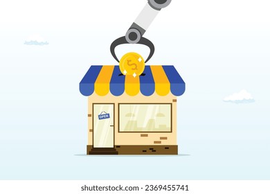 AI hand funding by put coin into small business store, funding small business, backing startup project or banking loan to start new business, investment or saving to open new shop (Vector)