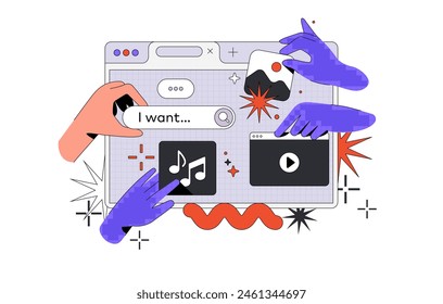 Ai Hand Generate Pictures Videos and Music. Robot arm generates content by text description.I want button. Artificial Intelligence big Layout vector illustration