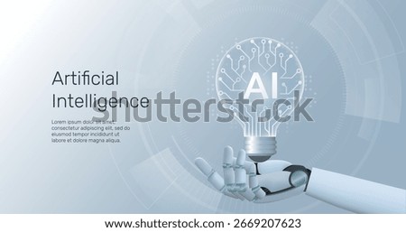 Ai Hand holding light bulb circuit, Artificial Intelligence landing page concept. Creative artificial intelligence technology Idea concept. Technology background concept.