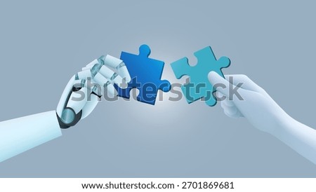 Ai hand and human hand hold jigsaw solving puzzle.  Ai solve problem. Strategy for success. puzzle connect achievement. Artificial Intelligence and Human Collaboration.