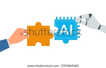 Ai hand and human hand hold jigsaw solving puzzle.  Ai solve problem. Strategy for success. puzzle connect achievement. Artificial Intelligence and Human Collaboration.