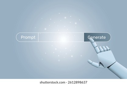 Ai hand pressing prompt generate button, Generate with AI button. Artificial intelligence and Machine learning technology concept