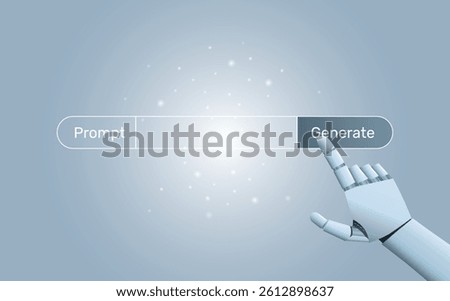 Ai hand pressing prompt generate button, Generate with AI button. Artificial intelligence and Machine learning technology concept
