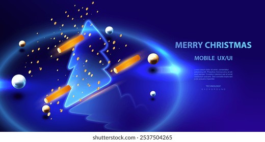 Ai happy holidays card vector background. Isometric technology and business holiday tree in high tech style banner. Neon lamps and balls futuristic holiday card. Merry Christmas and Happy New Year.