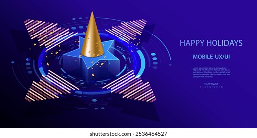 Ai happy holidays technology and business vector background. Isometric Christmas tree in high tech style banner. Neon tree and star futuristic digital card. Merry Christmas and Happy New Year.