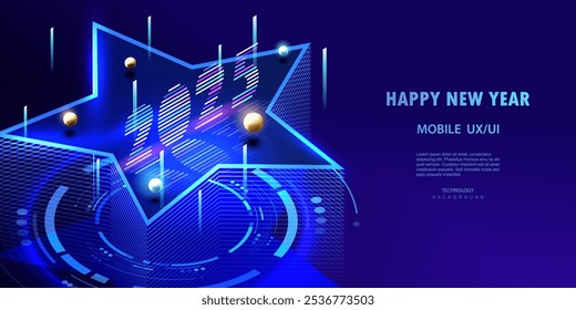 Ai Happy New Year 2025 technology and business holidays vector background. Isometric podium star happy holiday high tech style banner. Neon futuristic digital new year card for 2025.