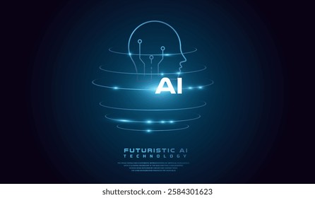 The AI head concept world background Vector illustration. with The head AI glowing rings, creating a holographic effect. The background is dark with a gradient effect