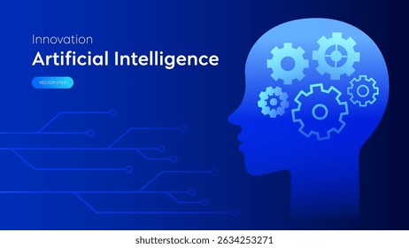 AI Head with Gear Engine System and Electricity Network Cognitive representing Artificial Intelligence Innovation Technology and Virtual Brain Engine Power in Cyber Futuristic Concept Background