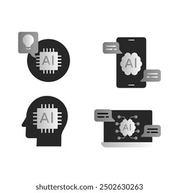 AI Head, AI in Mobile, and Machine Learning Chip Icons for Tech and Innovation.