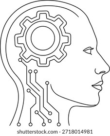 Ilustração do perfil da cabeça de IA. Possui face de inteligência artificial com roda dentada e circuito. Elemento de design conceitual em estilo linear simples.
