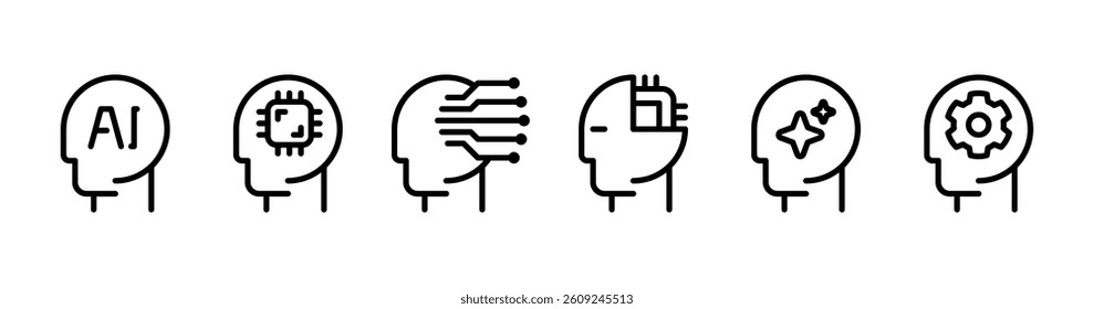 AI Head Profile Line Icons for Technology Apps, Machine Learning Projects, and Future Innovation Designs