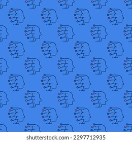 AI Head vector Artificial Intelligence Technology concept blue modern seamless pattern