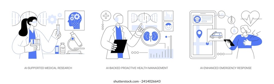 conjunto de ilustraciones vectoriales de concepto abstracto de IA en Health Management. Investigación médica científica respaldada por IA, gestión de salud proactiva respaldada por IA, metáfora abstracta de respuesta de emergencia mejorada por IA.