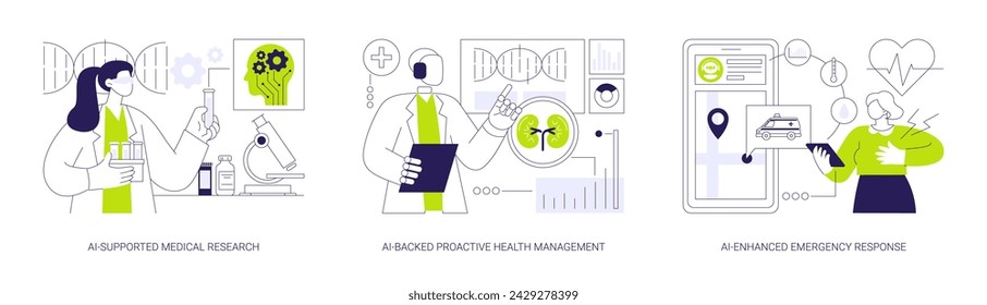 AI in Health Management abstract concept vector illustration set. AI-Supported scientific Medical Research, AI-Backed Proactive Health Management, AI-Enhanced Emergency Response abstract metaphor.