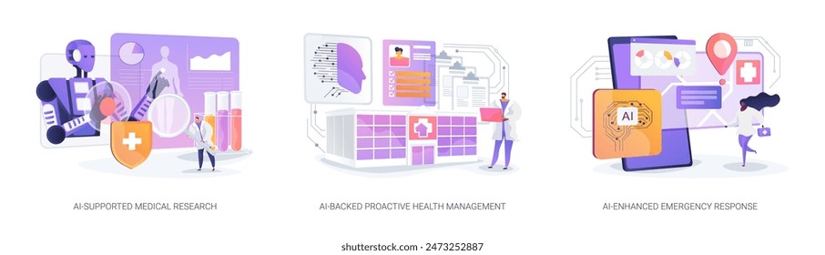 AI in Health Management abstract concept vector illustration set. AI-Supported scientific Medical Research, AI-Backed Proactive Health Management, AI-Enhanced Emergency Response abstract metaphor.