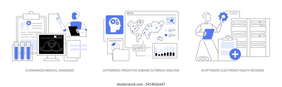 AI in Healthcare abstract concept vector illustration set. AI-Enhanced Medical Diagnosis, analyze medical images, Predictive Disease Outbreak Analysis, Electronic Health Records abstract metaphor.