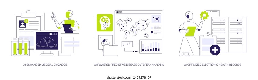 AI in Healthcare abstract concept vector illustration set. AI-Enhanced Medical Diagnosis, analyze medical images, Predictive Disease Outbreak Analysis, Electronic Health Records abstract metaphor.