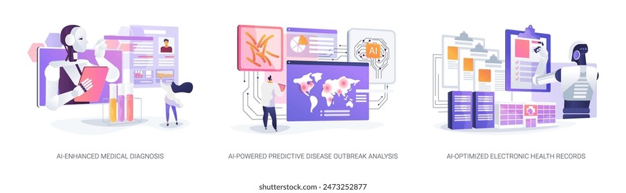 AI in Healthcare abstract concept vector illustration set. AI-Enhanced Medical Diagnosis, analyze medical images, Predictive Disease Outbreak Analysis, Electronic Health Records abstract metaphor.