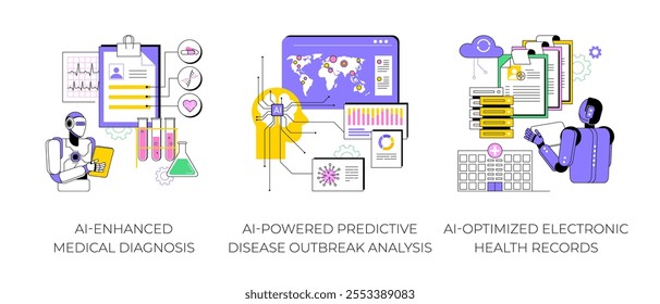 AI in Healthcare abstract concept vector illustration set. AI-Enhanced Medical Diagnosis, analyze medical images, Predictive Disease Outbreak Analysis, Electronic Health Records abstract metaphor.