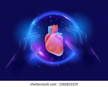 AI Healthcare Concept With Human Hands Touching Realistic Human Heart Inside Technology Bubble, Blockchain Background.