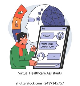 AI in healthcare concept. Individual interacts with a virtual health assistant for personalized medical support and advice. Flat vector illustration.